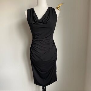 Sleeveless Black Cowl Neck Ruched Sheath Dress